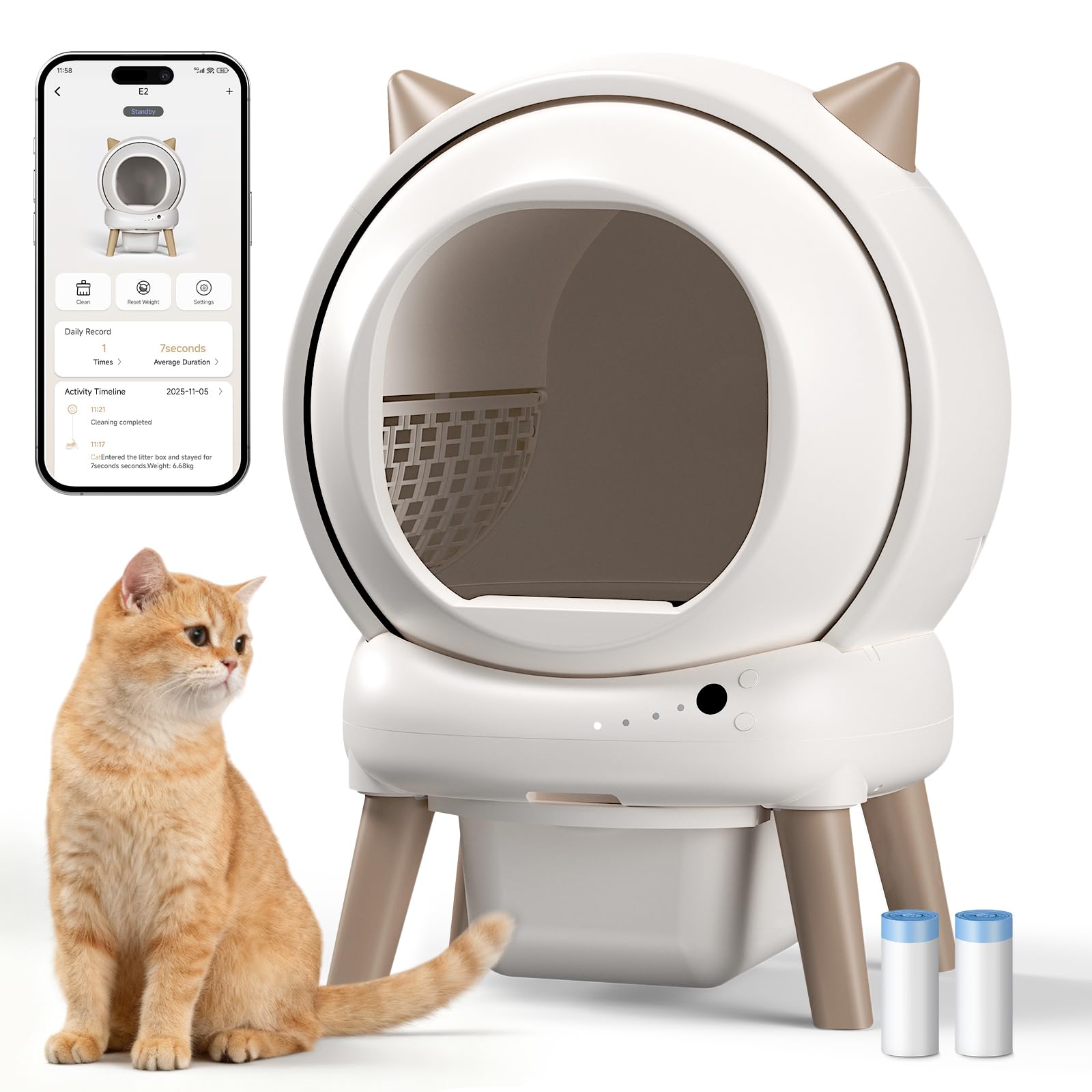 Automatic Cat Litter Box - E2 Self Cleaning Litter Box Smart Robot for Multiple Cats, APP Real-Time Monitor, Weight Monitoring, Safe Anti-Pinch Liners and Mat Included