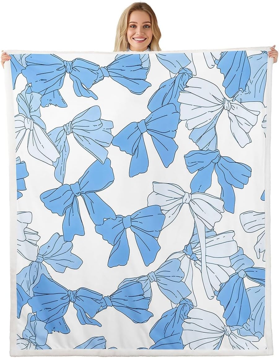 jejeloiu Blue Bowknot Sherpa Blanket Plush Fuzzy Throw 50"x60" Cute Bow Fleece Throw Blanket for Kids Boys Girls Princess Decor Breathable Soft Lightweight Microfiber Kawaii Bedroom Decor