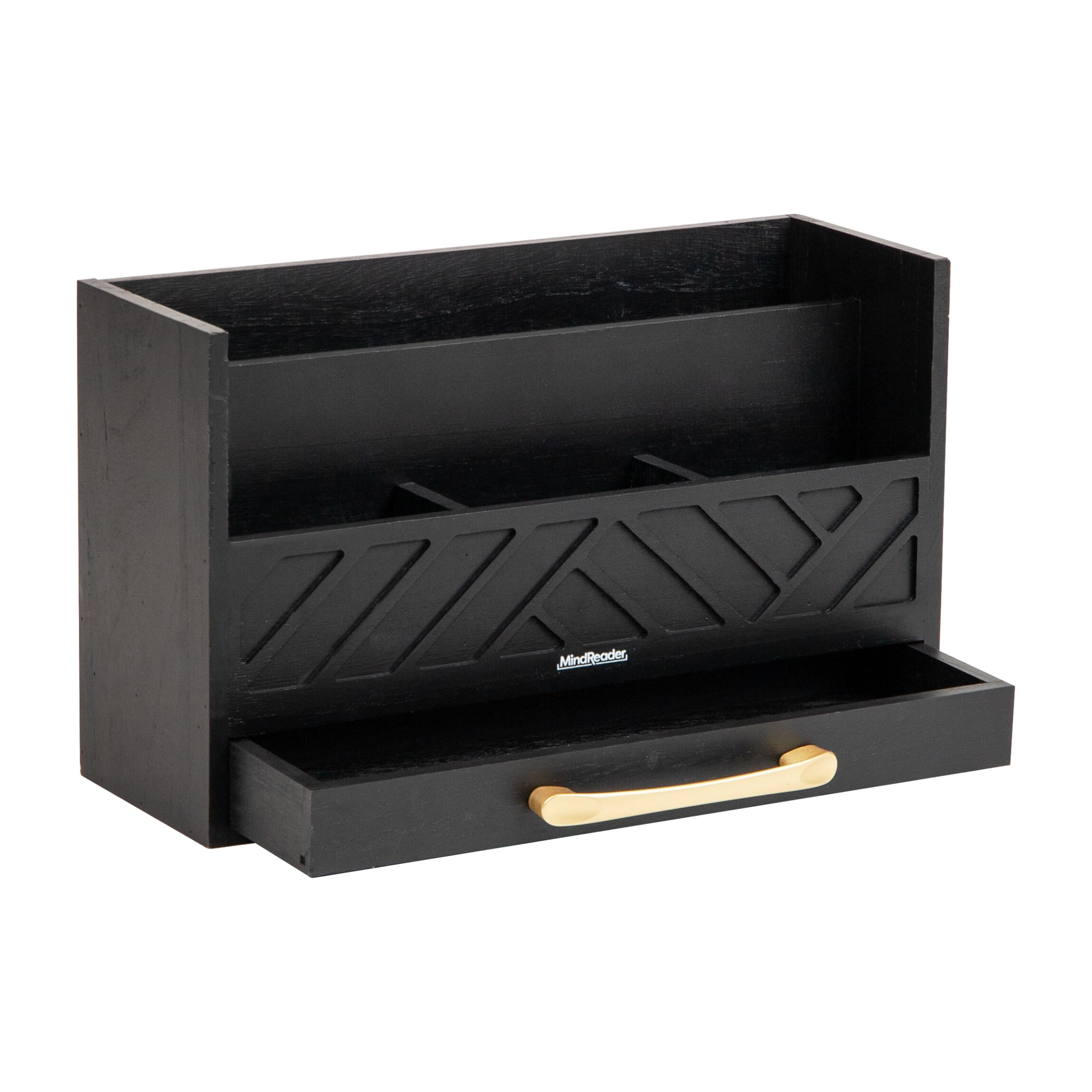 Mind Reader Schreibtisch-Organizer mit 5 Fächern, rustikales Holzregal mit Schublade für Papiere, Zubehör und Bürobedarf, 31,8 cm L x 10,8 cm B x 19,1 cm H, Schwarz