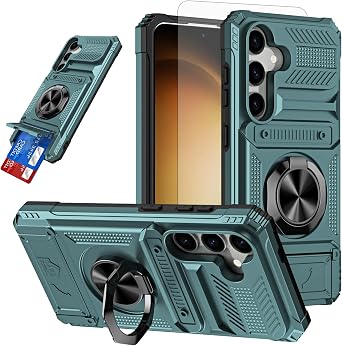 Phone Case for Samsung Galaxy A35 5G Tempered Glass Screen Protector Card Slots Magnetic Ring Stand Shockproof Soft Silicone Bumper Hybrid Two Layer Defender for A 35 35A A355G Women Green