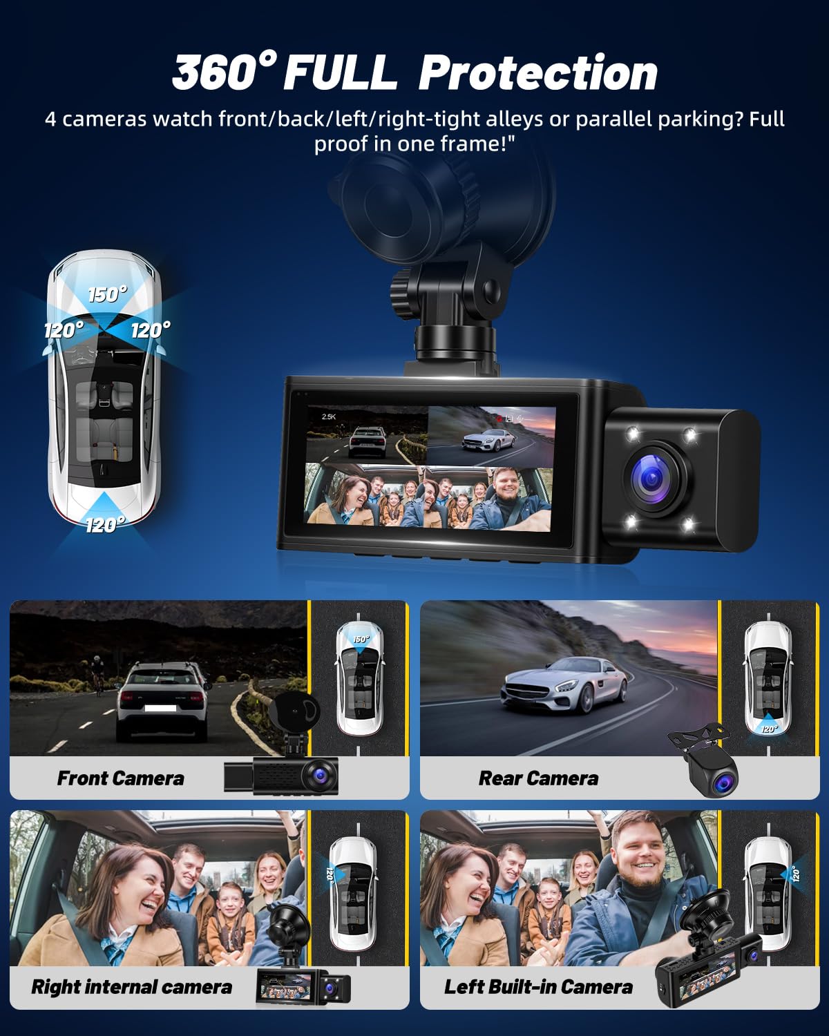 NHOPEEW Dash CAM 360° 2.5K con Cámara Frontal, Interior y Trasera, WiFi GPS Cámara para Coche, Visión Nocturna, Grabación en Bucle, G-Sensor, Tarjeta 64GB