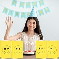 Vista 5 de ZOIIWA 16 bolsas de papel de regalo de cara sonriente, suministros de fiesta de cara sonriente amarilla, regalos de fiesta, bolsas de golosinas