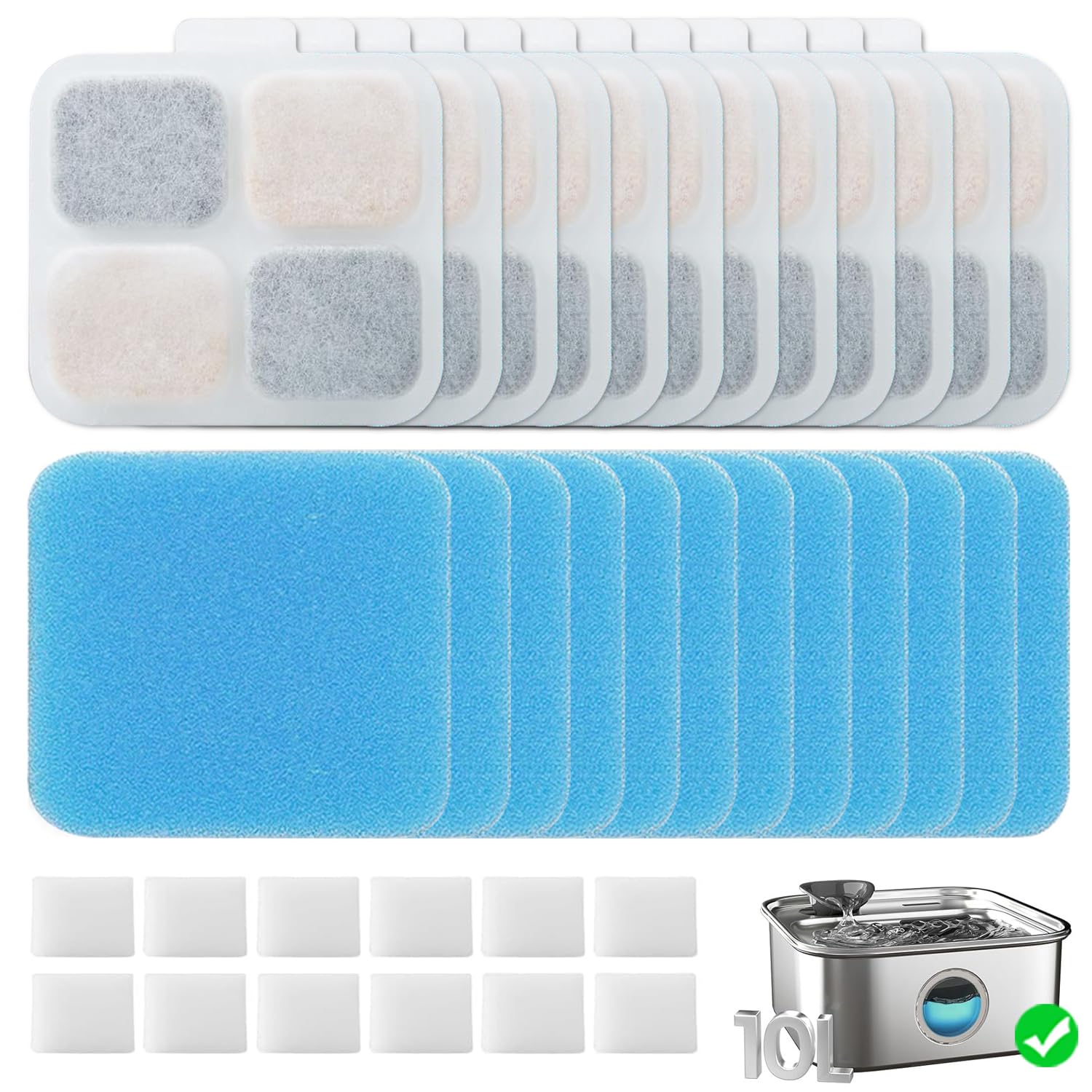 Photo 1 of 12+12 Pack Replacement Filters for Oneisall PW07SAU 10L/2.64Gal Stainless Steel Dog Water Fountain, Includes 12 Filters & 12 Sponges