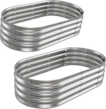 Galvanized Oval Raised Garden Bed, 4 x 2 x 1 ft 2-Pack, Metal Planter Box with Open Base. DIY Outdoor Gardening Kit for Backyard & Patio, Ideal for Vegetables, Flowers & Herbs, Silver