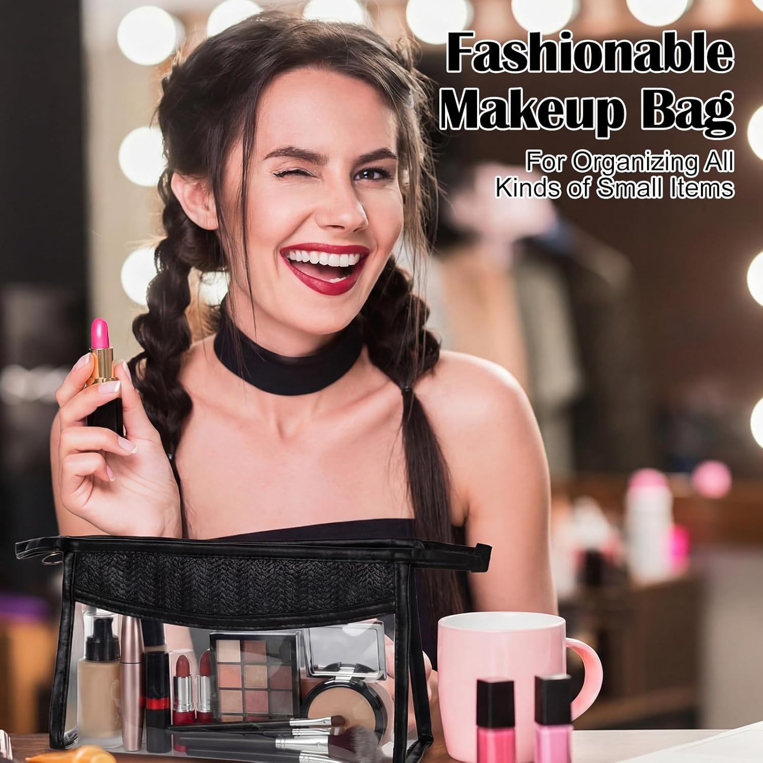 Kacctyen 10 Pcs Boho Clear Beach Bag Makeup Pouch Waterproof Sunscreen Cosmetic Bag with Zipper for Bridesmaid Gifts Wedding Party Favors Beach Vacation (Black)