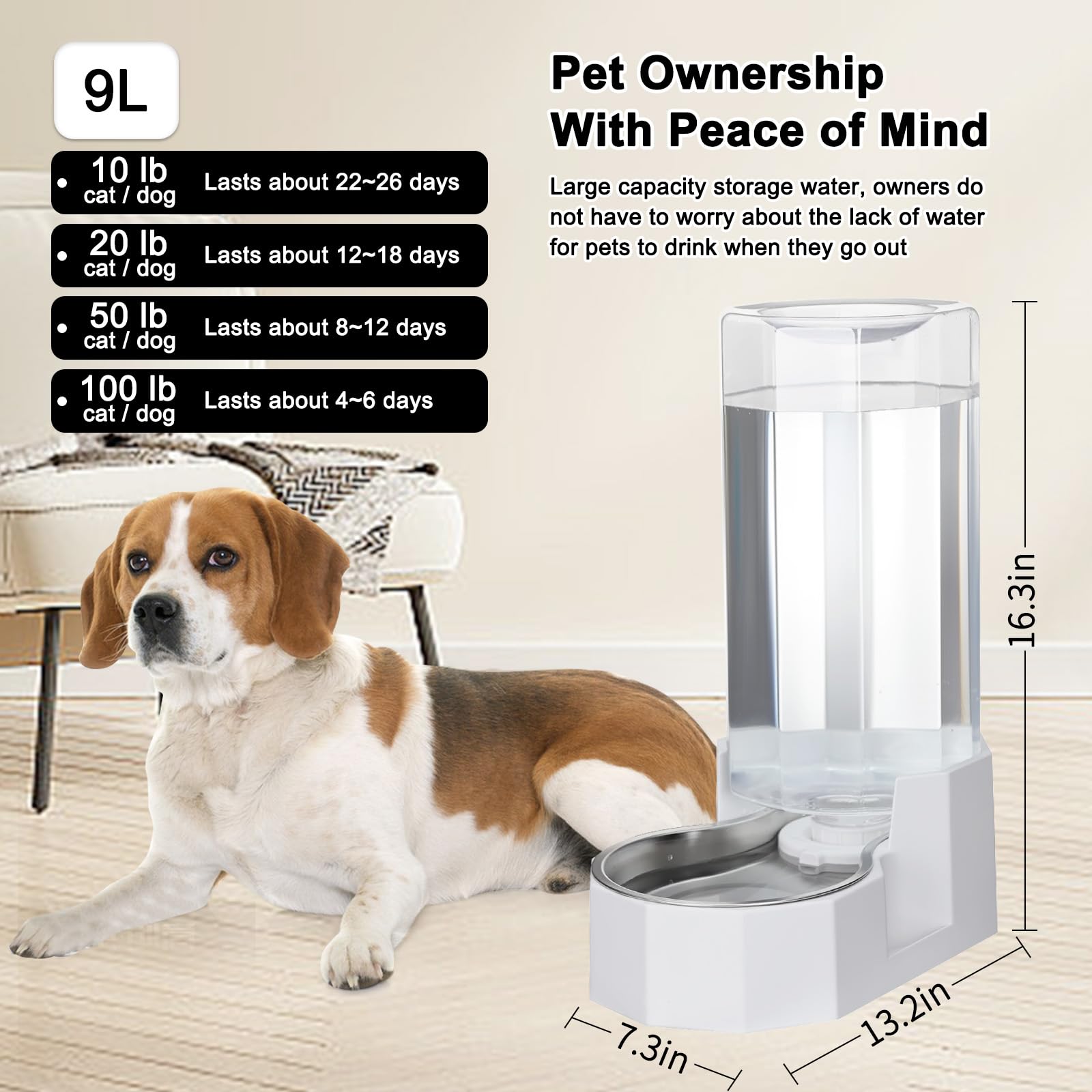 Sfozstra Distributeur d'eau pour grands chiens : distributeur d'eau automatique alimenté par gravité - Facile à nettoyer - Bol en acier inoxydable pour chatons et chiots - Salon ou garage (blanc, 9L)