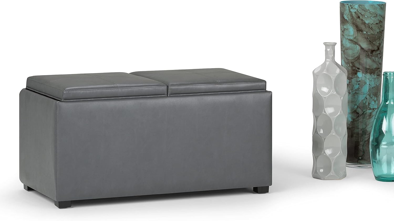 Tор Brаndѕ SIMPLIHOME Avalon 35 inch Wide Rectangle 5 Pc Storage with 2 serving Trays Ottoman in Upholstered Stone Grey Faux Leather, Footrest Stool, Coffee Table for the Living Room, Bedroom, Contemporary