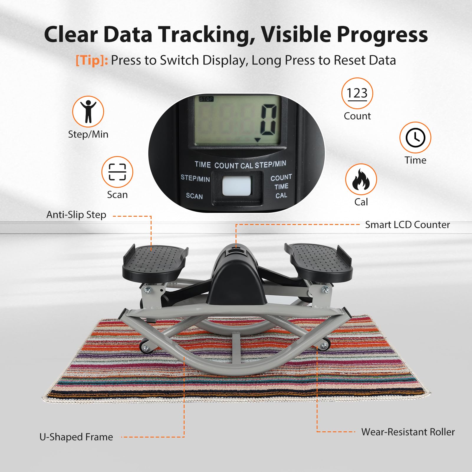 Mini Stepper, Step Fitness pour Maison, Stepper Fitness Appartement avec Compteur et Bandes de Résistance, Tapis Antidérapant 70x40 cm, pour Maison, Bureau, Fait Travailler Jambes, Fessiers