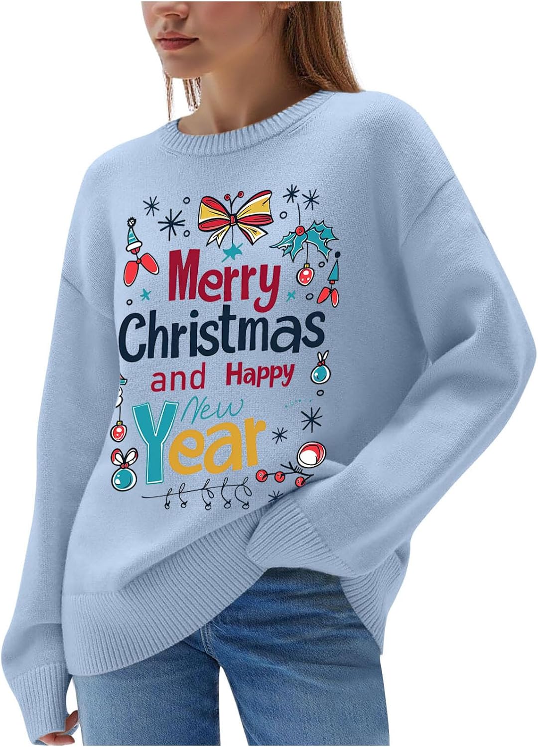 Women's Ugly Christmas Sweaters Long Sleeve Crewneck Rib Knit Pullover Sweater Fall Winter Lightweight Base Knitwear