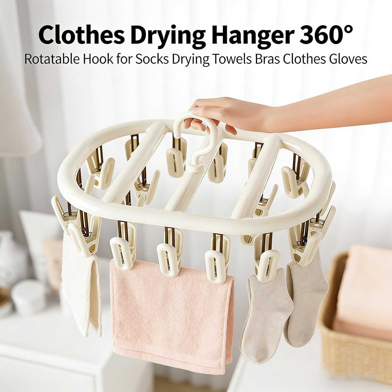 Clothes Drying Rack with Clips, 2 Pack Portable Plastic Drying Rack with 20 Clips & 360° Rotatable Hook, Stackable Small Clothes Drying Racks for Socks Bras Underwear