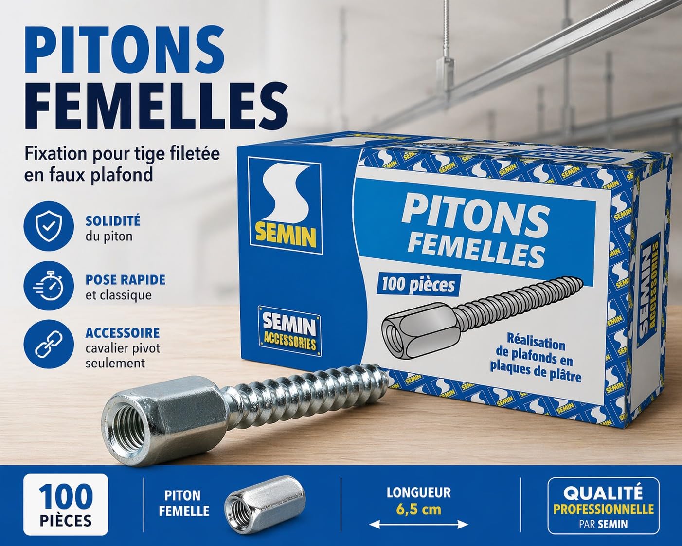 SEMIN Pitons Femelles pour Faux Plafond – Boîte de 100 – Fixation Tige Filetée D6 mm – Installation Ossature Placo & Fourrures – Pose Rapide et Solide – Rénovation Plafond Intérieur