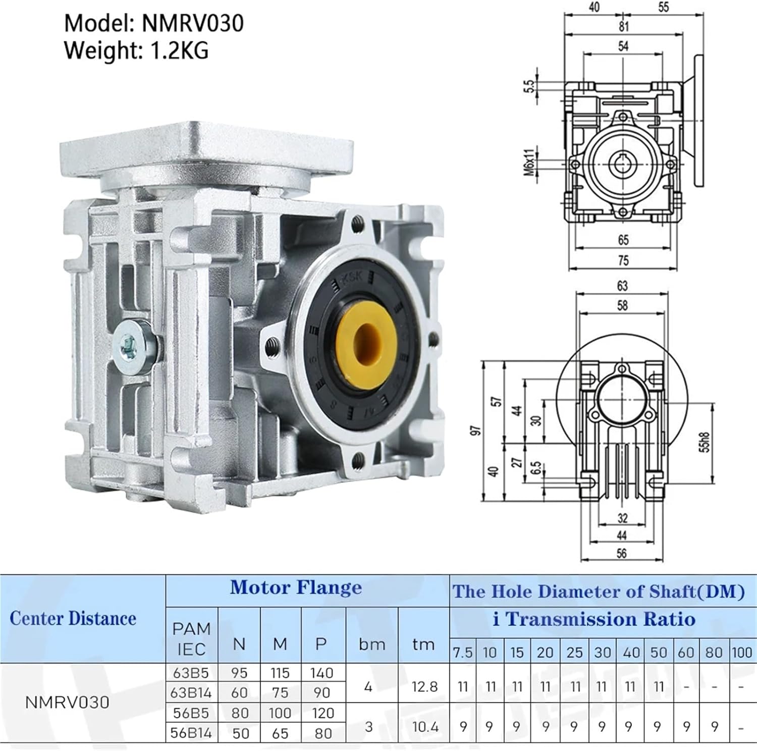 5:1 to 80:1 Worm Gear Reducer NMRV030 High Tq Gearbox Input 8mm 11mm Output 14mm with 60mm Flange for Nema23 Motor(RATIO50-60X60 FOR NEMA23)