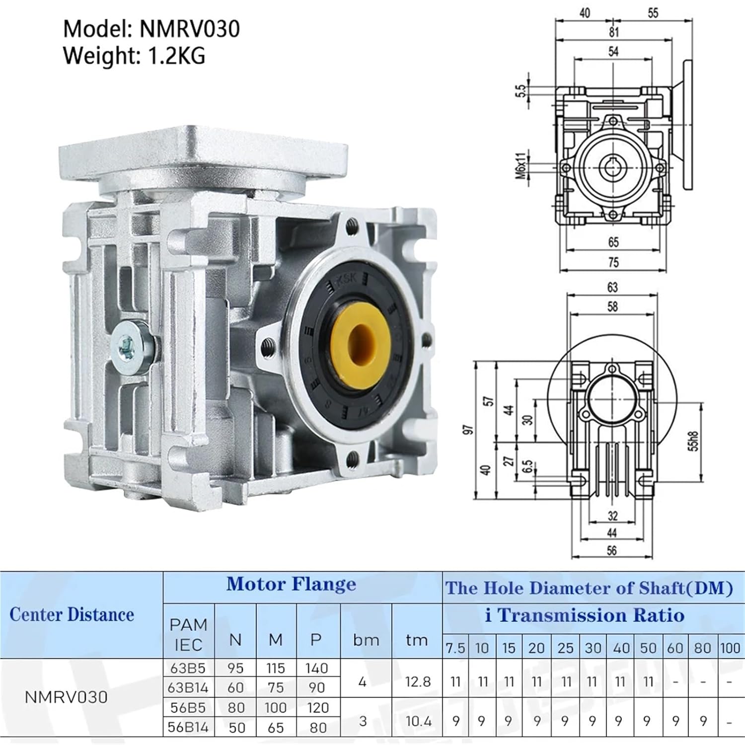 5:1 to 80:1 Worm Gear Reducer NMRV030 High Tq Gearbox Input 8mm 11mm Output 14mm with 60mm Flange for Nema23 Motor(RATIO80-90X90)