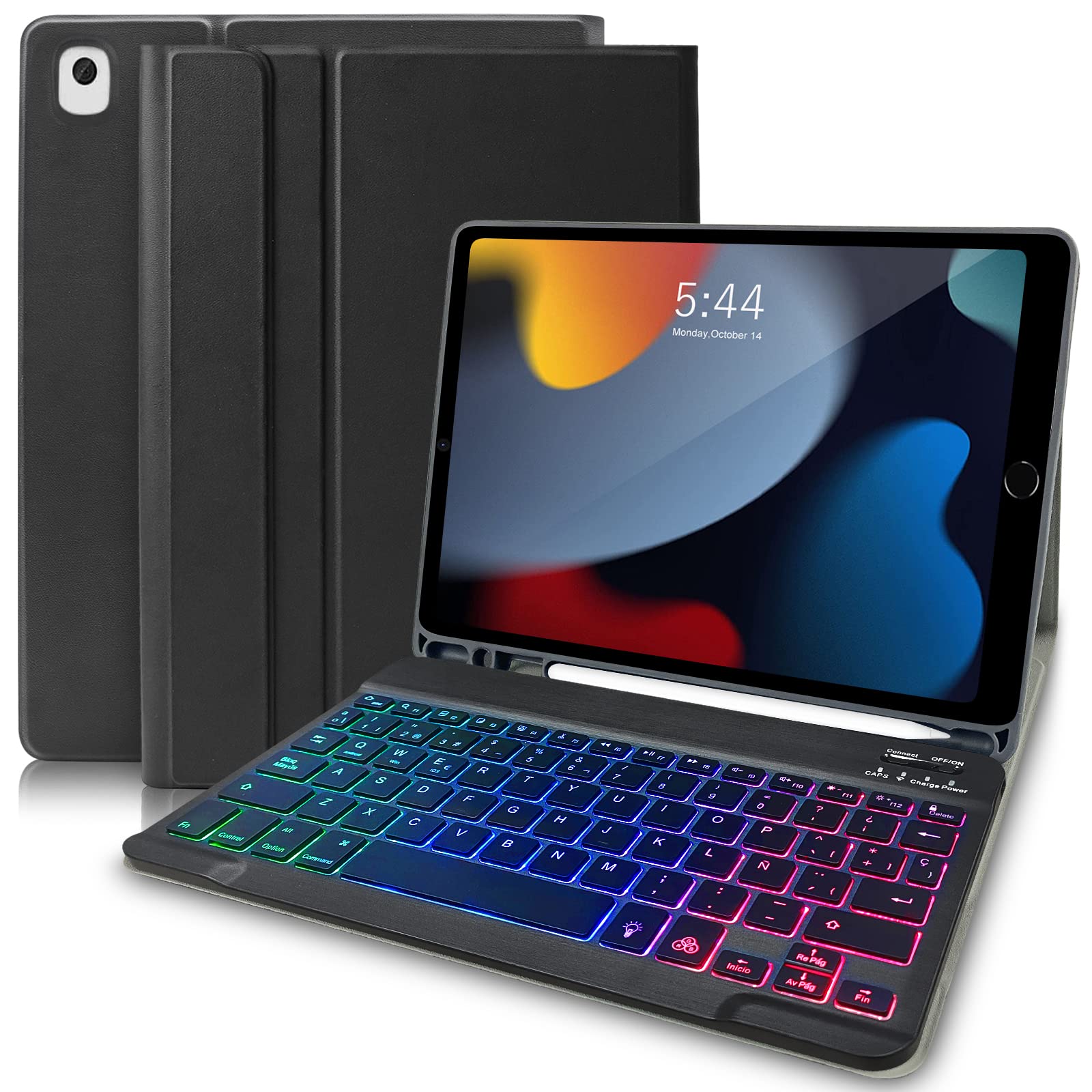 Custodia Con Tastiera Bluetooth Per IPad 9a/8a/7a Gen 10.2, Trackpad, Retroilluminazione 7 Colori, Staccabile E Ricaricabile USB-C