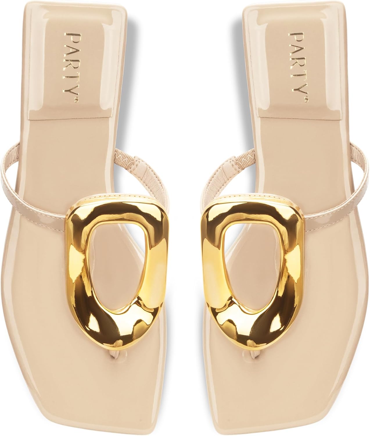 PARTY Women's Flip Flops Thong Sandals with Metal Decoration Comfortable Designer Square Toe Slip On Flat Beach Shoes for Summer Resort,NUDE PU-9.5 - Image 5