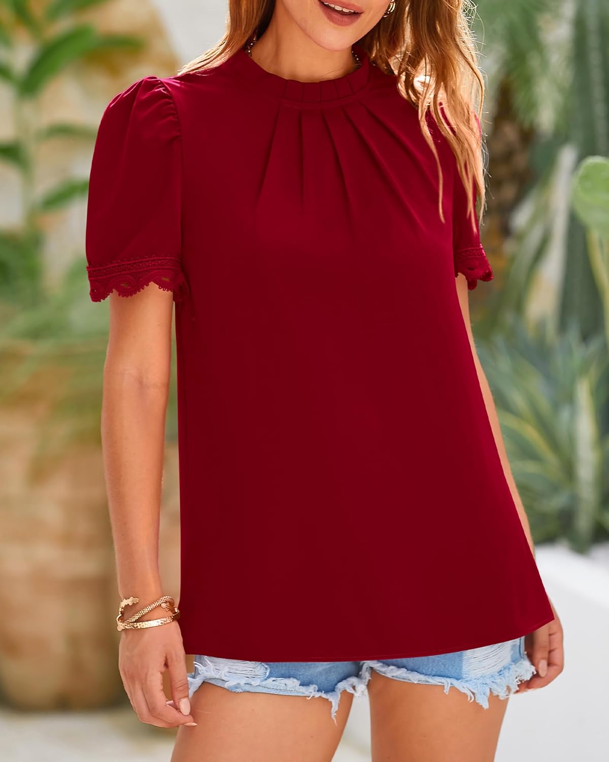 BTFBM Women Blouses 2026 Dressy Casual Summer Tops Mock Neck Lace Trim Short Sleeve Business Work Shirts Spring Clothes - Image 6