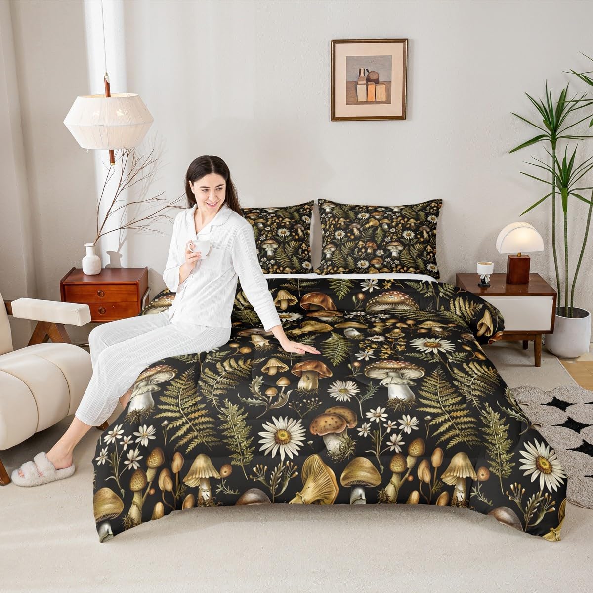 Castle Fairy Mushroom Bedding Set Twin Size 2 Pcs,70s Groovy Daisy Green Leaves Comforter Set for Kids Teens Adults,Natural Jungle Plants Rustic Style Comforter Duvet Set with 1 Pillowcase