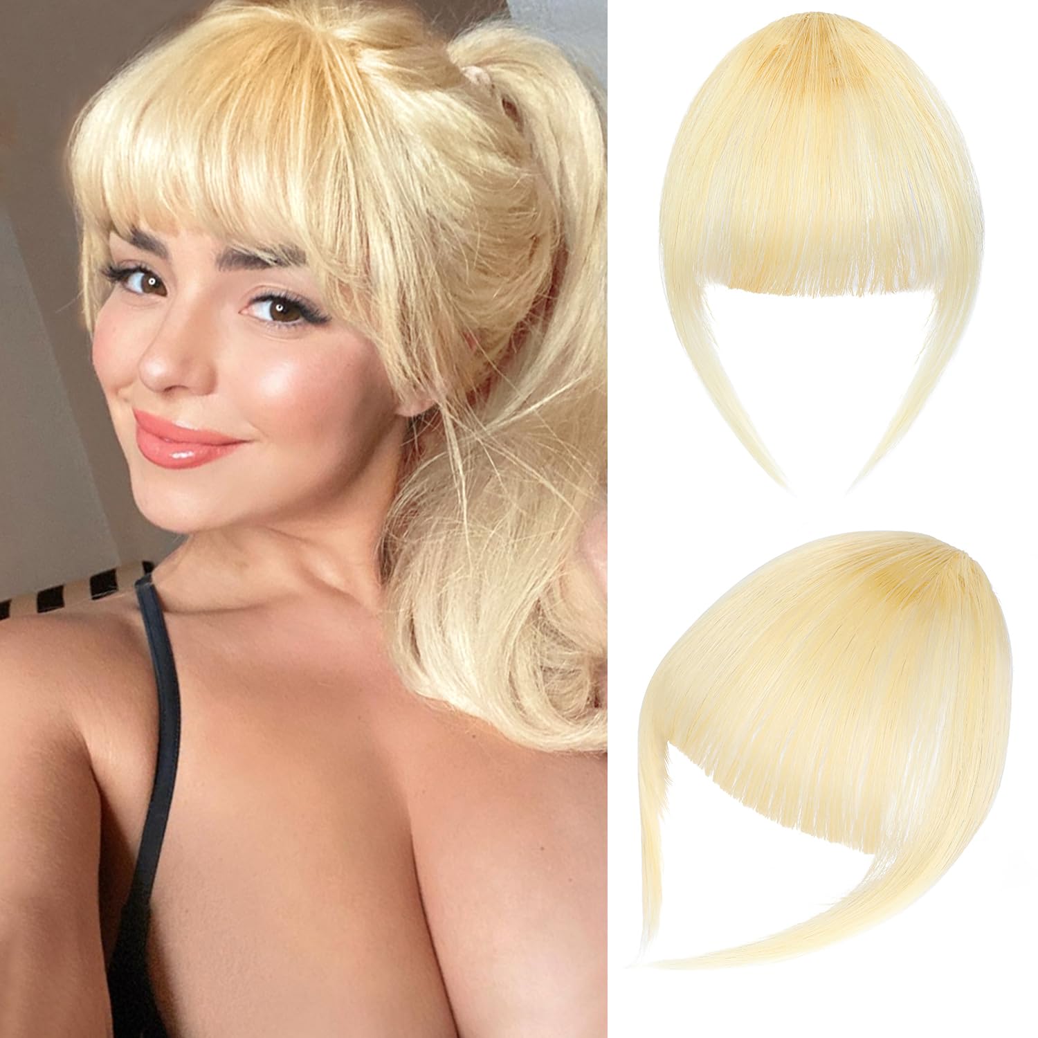 Clip in Bangs 100% Real Human Hair Extension Bangs Hair Clip French Bangs Clip on Curved Bangs Natural Wispy Bangs Hairpieces for Women Bleach Blonde