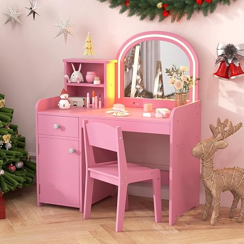 INFANS Kids Vanity, Princess Makeup Desk and Chair Set with Lights Mirror Drawer Storage Shelves, Wooden Dressing Table, Pretend Play Vanity Set for Girls - Pink with Light