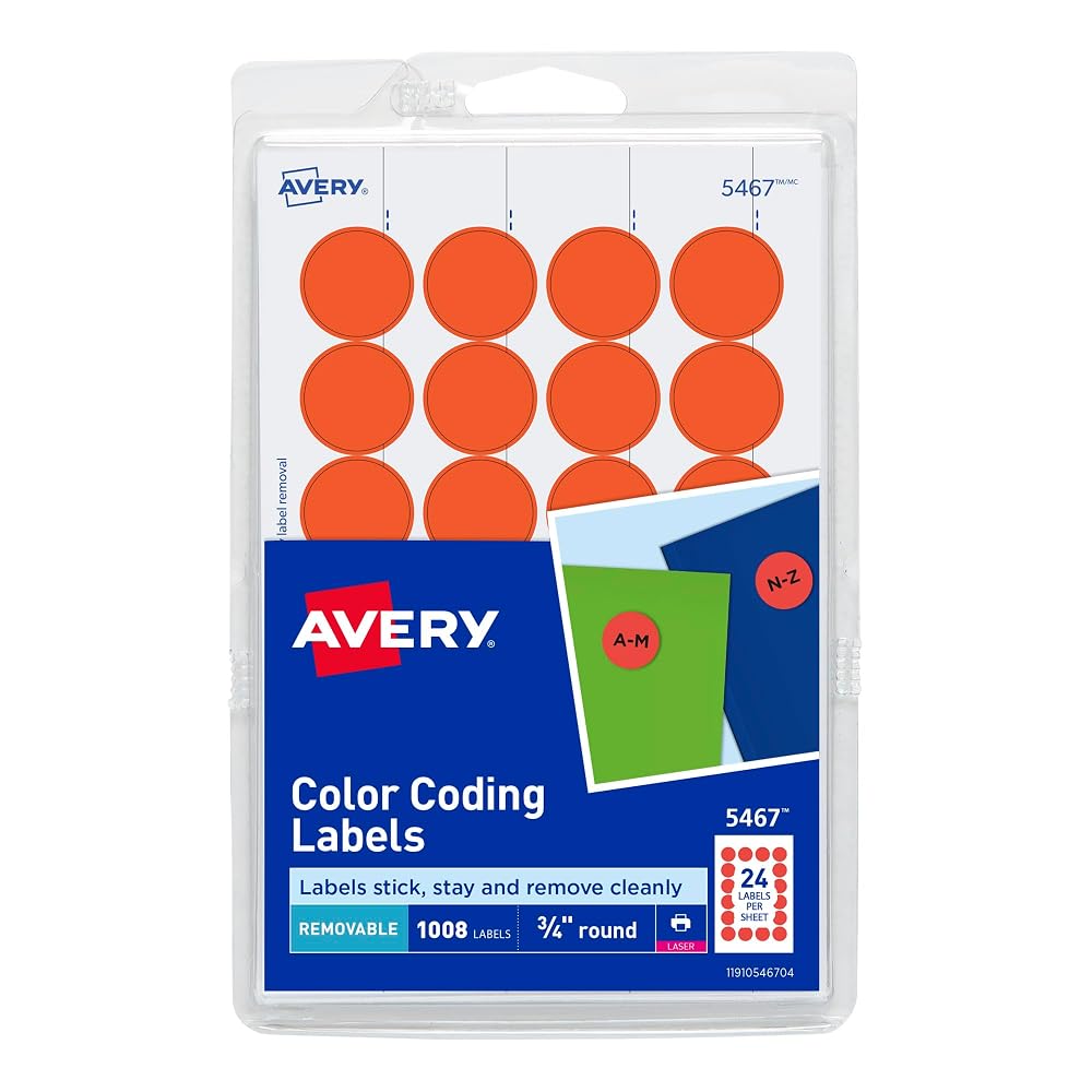 Avery® Print/Write Adhesive Removable Labels, 0.75 Inch Diameter, Red - Orange Neon, 1008 per Pack (5467)