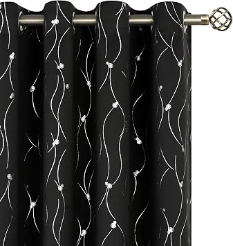 BGment Black Blackout Curtains 84 Inch Length 2 Panels Set Grommet Thermal Insulated Room Darkening Window Curtains with Wave Line and Dots Printed for Bedroom, 52 x 84 Inch, Black