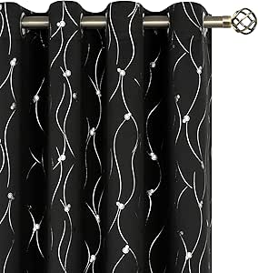 BGment Black Blackout Curtains 108 Inch Length 2 Panels Set Grommet Thermal Insulated Room Darkening Window Curtains with Wave Line and Dots Printed for Bedroom, 52 x 108 Inch, Black