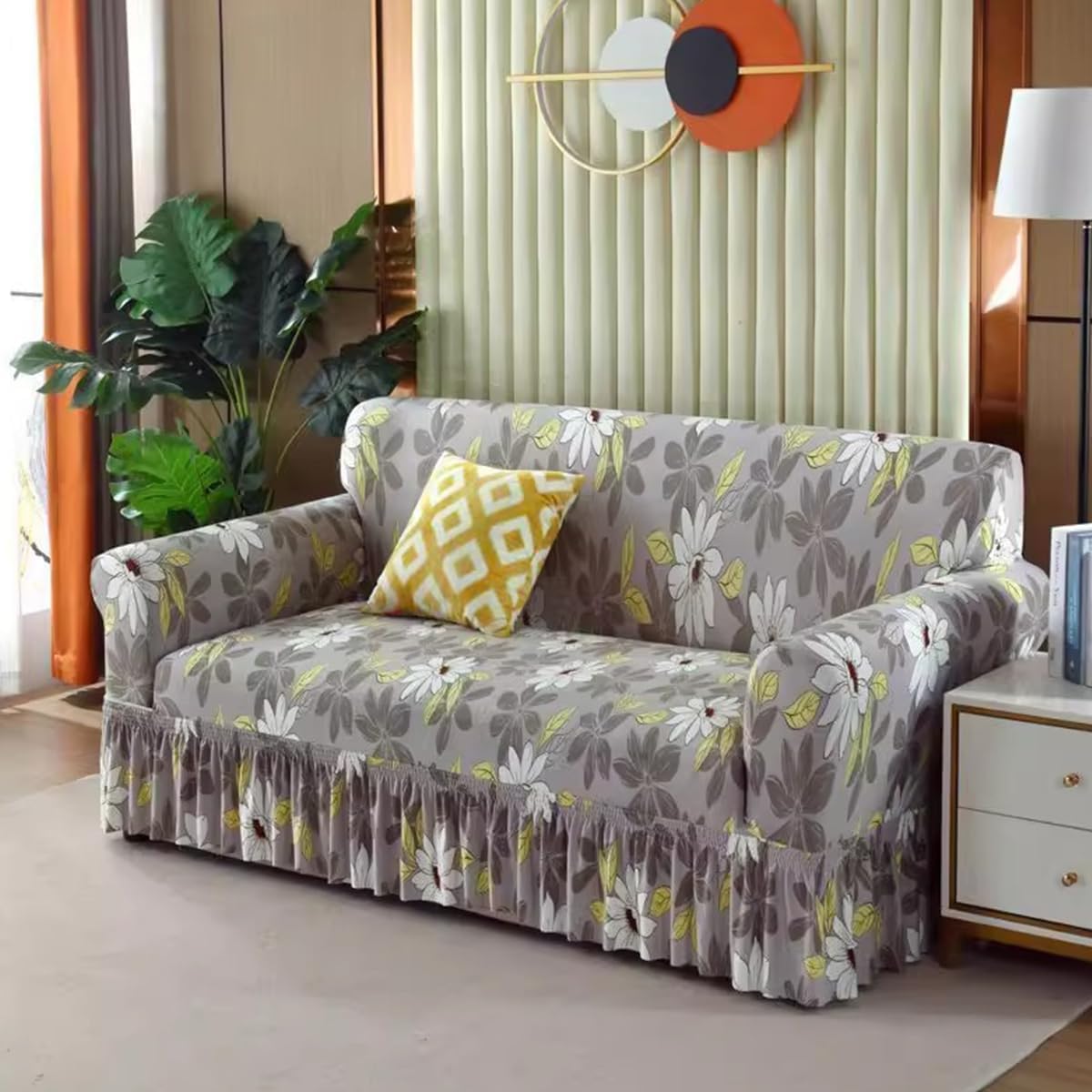 KAIJIE 2-Seater Sofa Cover,Pleated Skirt Decoration,Thick Polyester Fiber high Elasticity Fabric, Jacquard Pattern Designs Icesilk Skirt Chair Cover