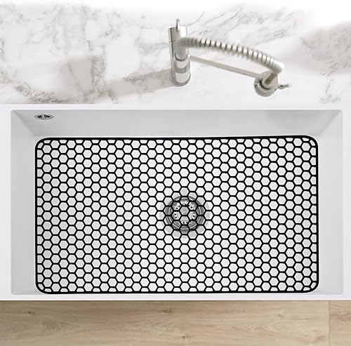 Miniatura 218 de Paquete de 2 tapetes de silicona para fregadero de 13.58 x 11.6 pulgadas, protectores para fregadero de cocina con drenaje central, rejilla Gris