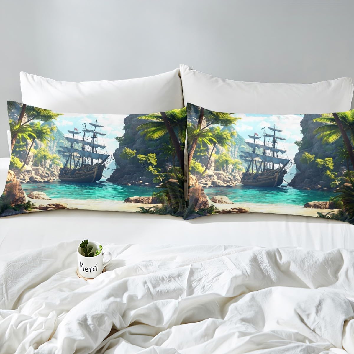 Nautical Sailboat Duvet Cover Set Toddler Size Tropical Palm Tree Bedding Set 2pcs for Kids Teens Adventure Pirate Boat Comforter Cover 3D Coastal Scenery Quilt Cover,1 Pillowcase(Not Comforter)