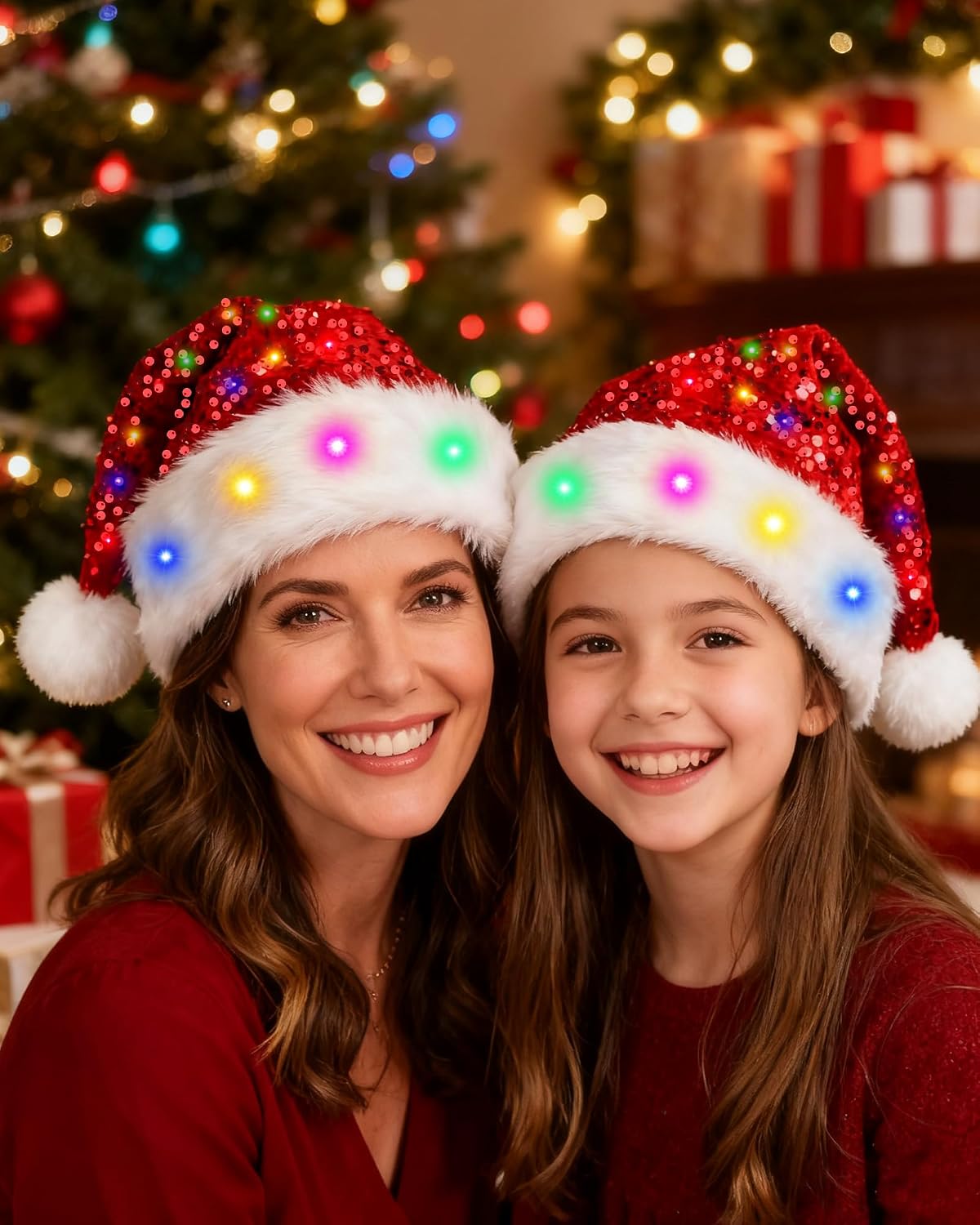 Hikkcos Light Up Christmas Hat Led Sparkly Santa Hat Red Glitter Sequin Bling Glittery Cap for Adults New Year Xmas Festival Party