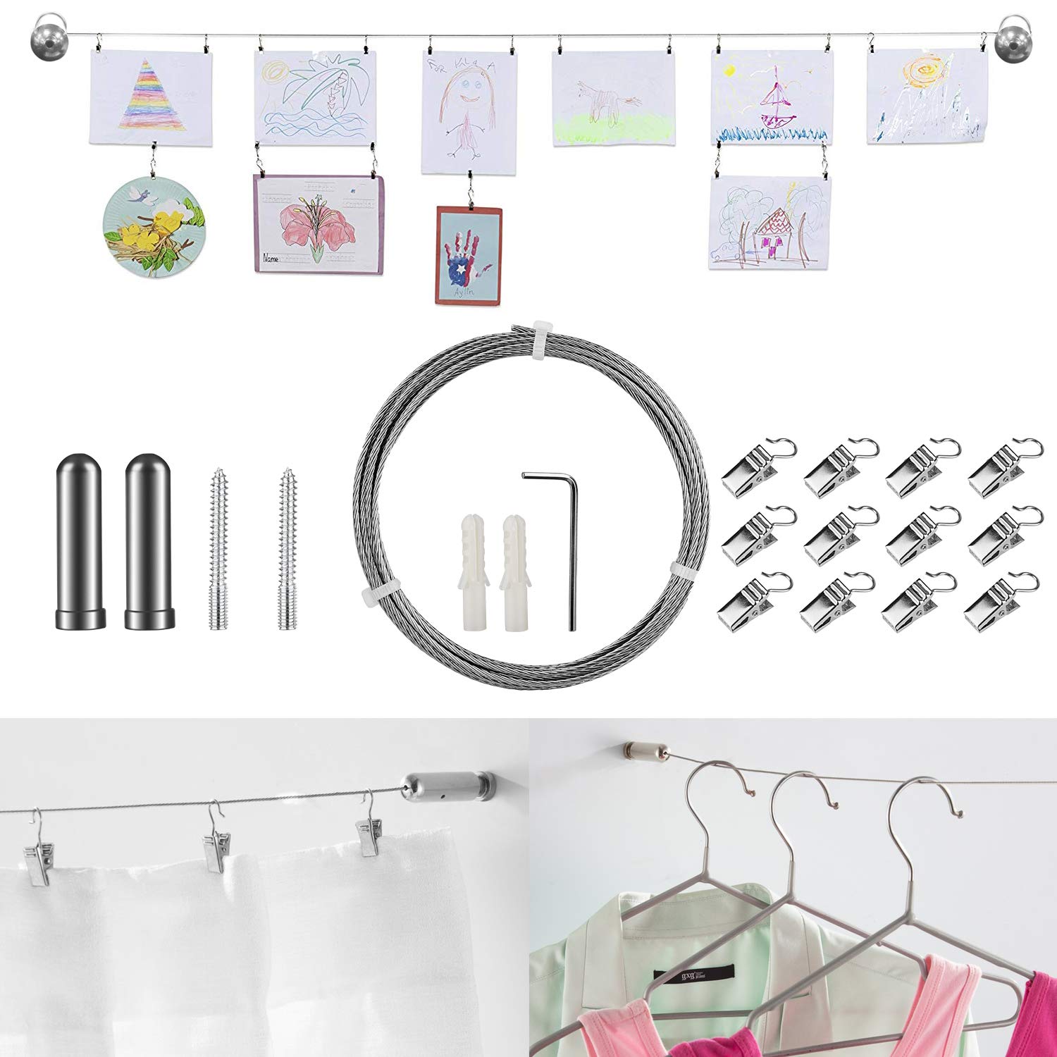 OOTSR Curtain Drape Wire Rod Set with 12 Clips, Stainless Steel Picture Hanging Wire Clothesline Wire Multi-Purpose Set Hang Photos, Notes, Art (3M)