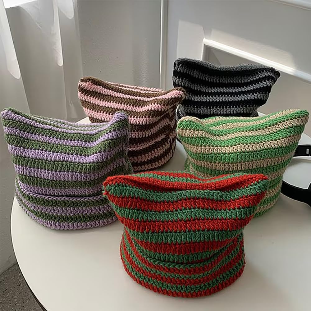 XYIYI Crochet Hats for Women Cat Ear Knit Hat Vintage Beanie Grunge Accessories Slouchy Beanies for Womens