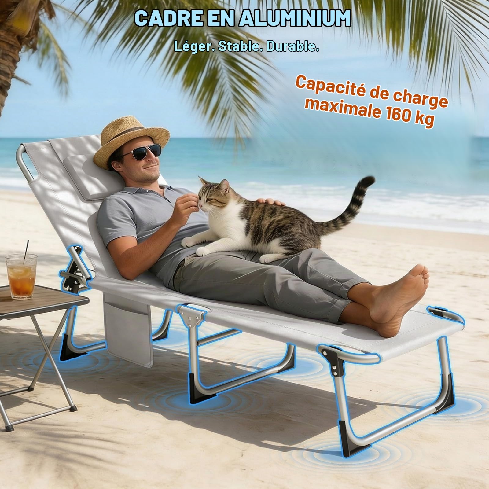 Huracan Lot de 2 chaises longues de jardin, pliables, avec ouverture pour le visage, coussins amovibles et dossier réglable en 3 positions, charge maximale 160 kg, pour jardin, balcon et terrasse