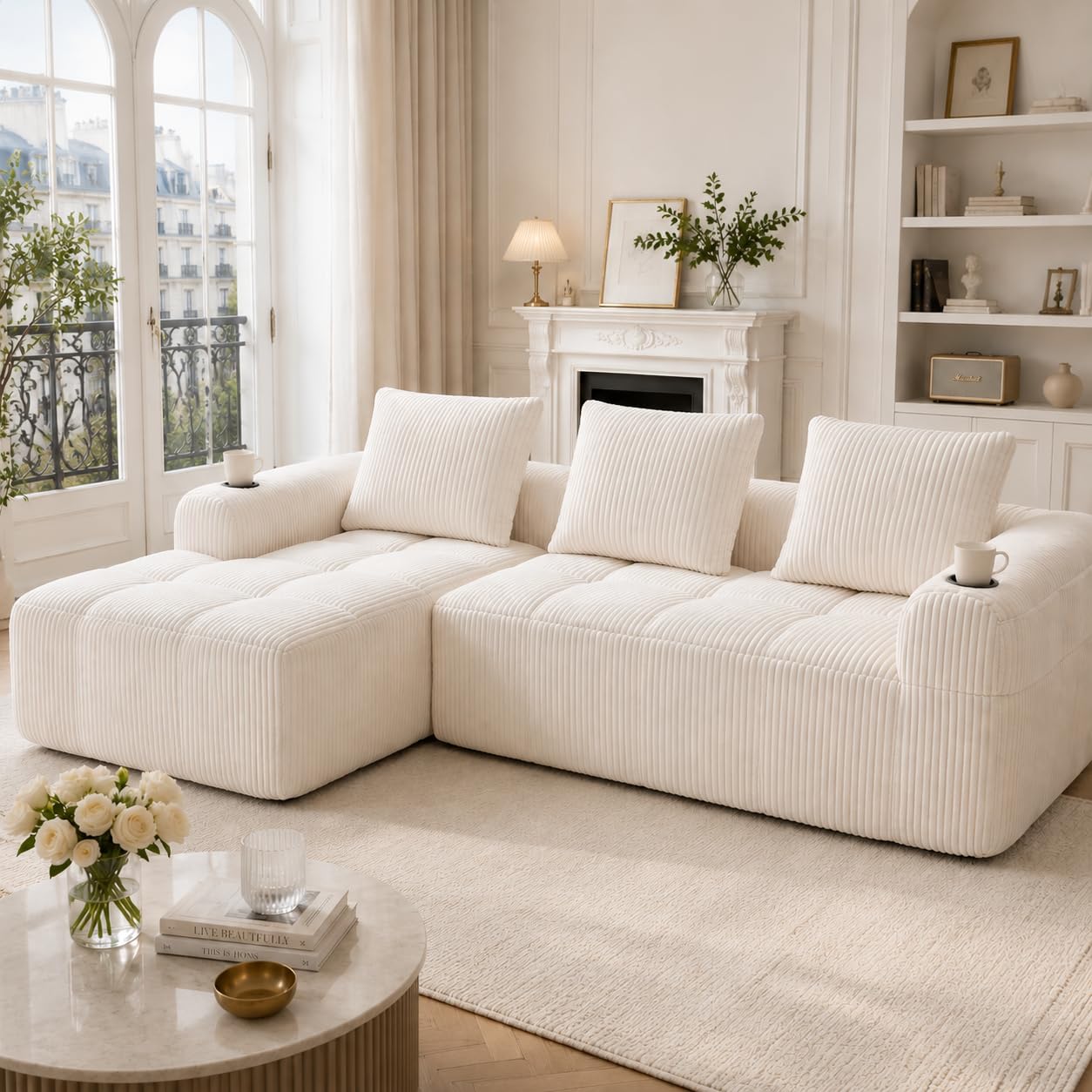 Canapé d'angle convertible, 253 cm, canapé compressé 3 places avec porte-gobelets et poches latérales, canapé modulable en velours côtelé avec méridienne en L pour salon - Aucun montage requis