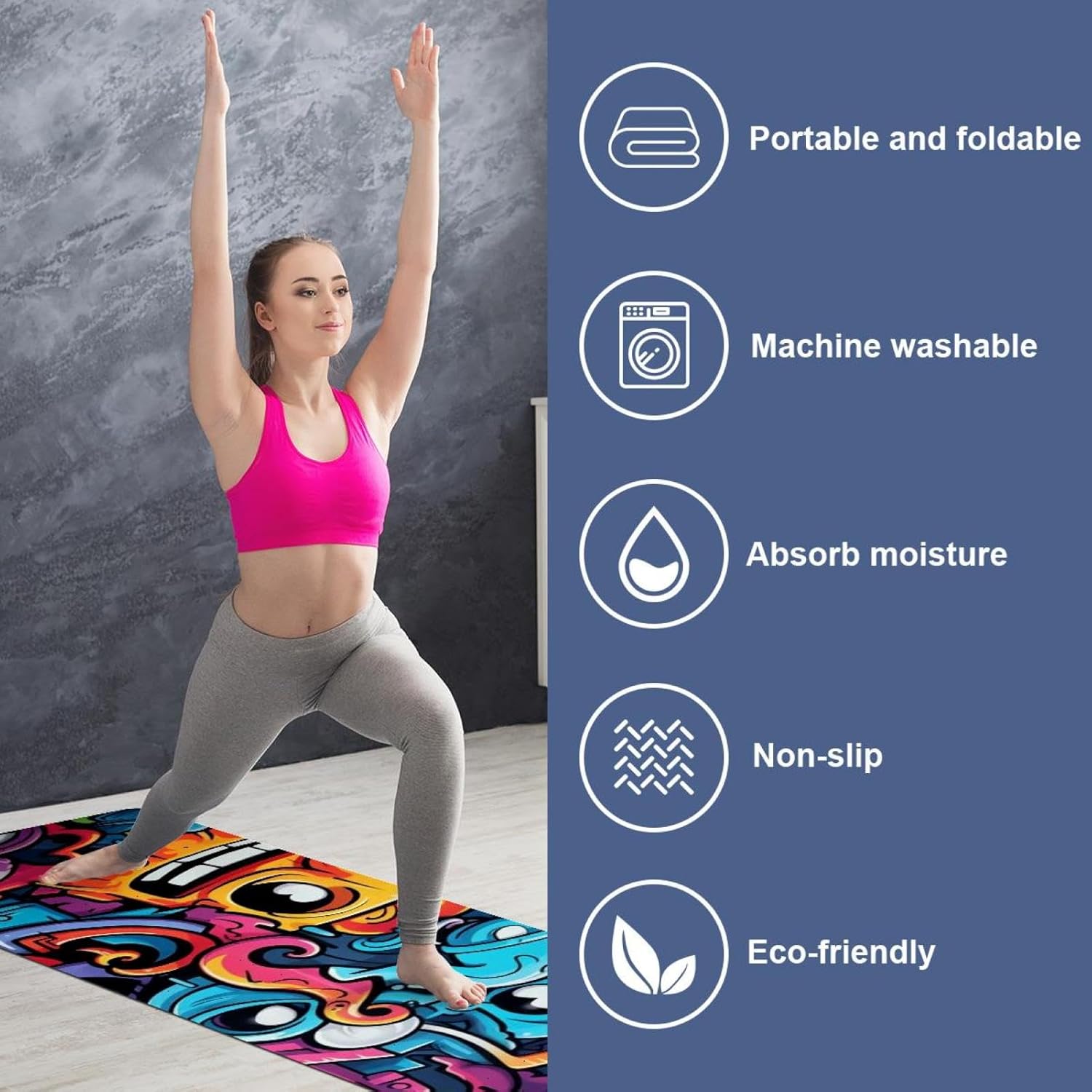Yoga Towel, Colorful Graffiti Pattern Non Slip Sweat Absorbent Hot Yoga Mat Towel for Hot Yoga, Pilates and Fitness - 72.8" x 26.8"