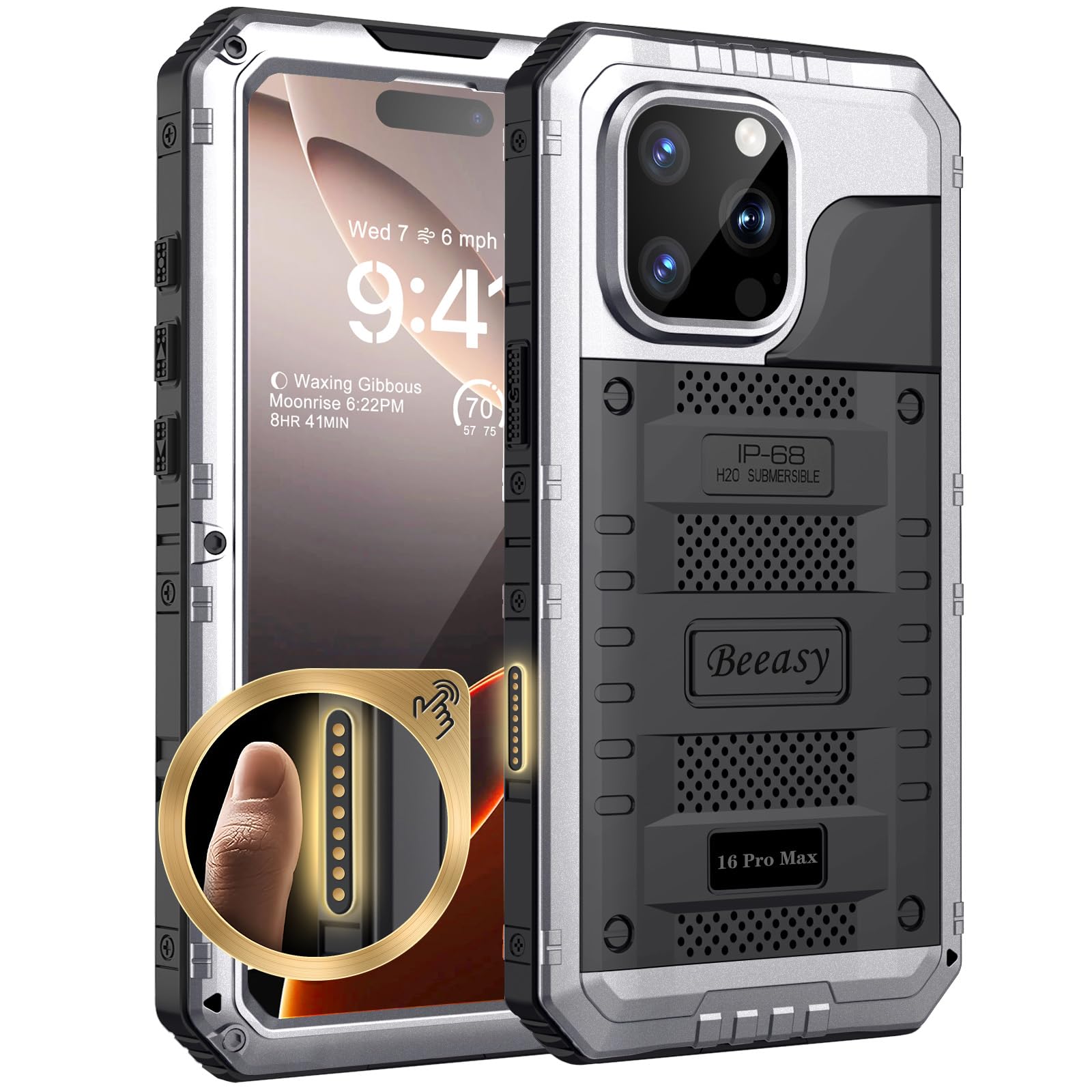 Beeasy Cover per iPhone 16 Pro Max IP68 Impermeabile Custodia Militare Antiurto Resistente 360° Metallo Armor Protezione Schermo Integrata Rugged Robusta Indistruttibile Subacquea Antipolvere Argento