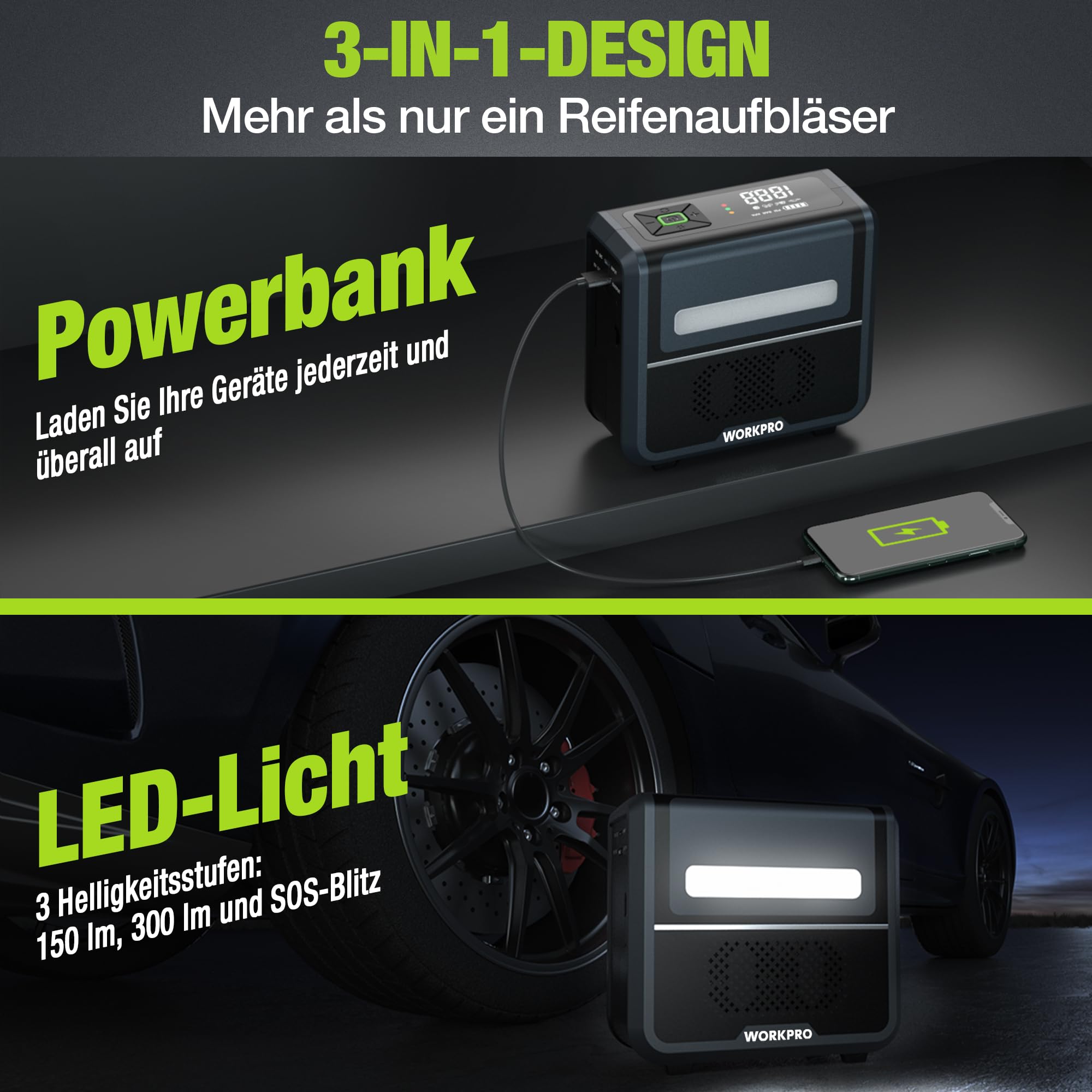 WORKPRO Kabellose Elektrische Luftpumpe 3-in-1 mit LED-Licht, Powerbank, Akku Kompressor mit Display & Abschaltautomatik, für Auto, Fahrrad, Motorrad, Bälle – USB & 12V Ladeoption | Digitales Display und automatische Abschaltung zum Aufpumpen von Auto, Mo