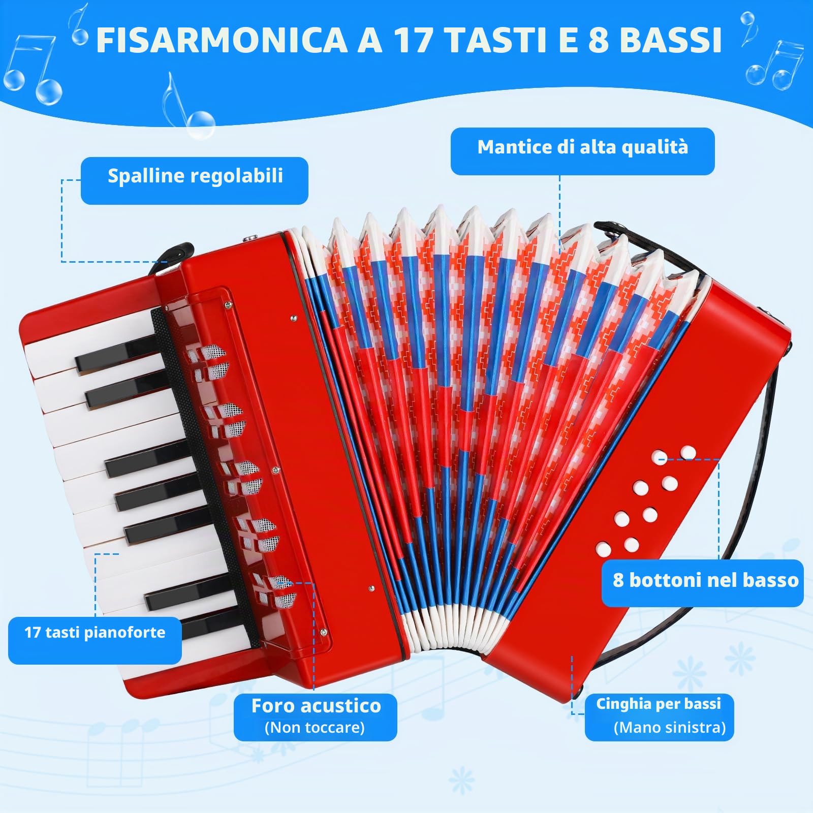 Fisarmonica per Bambini 17 Tasti 8 Bassi Pianoforte Organetto con Cinghie Regolabili Strumento Musicale per Principianti Rosso