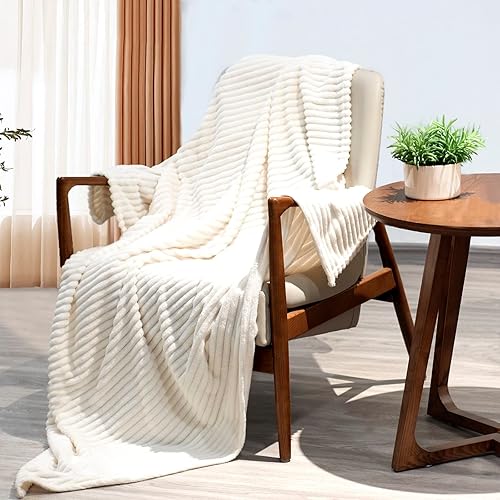 Miniatura 2 de Curfakul Manta acanalada, manta de forro polar para sofá, manta decorativa súper suave y acogedora con patrón de rayas para sofá, manta ligera de