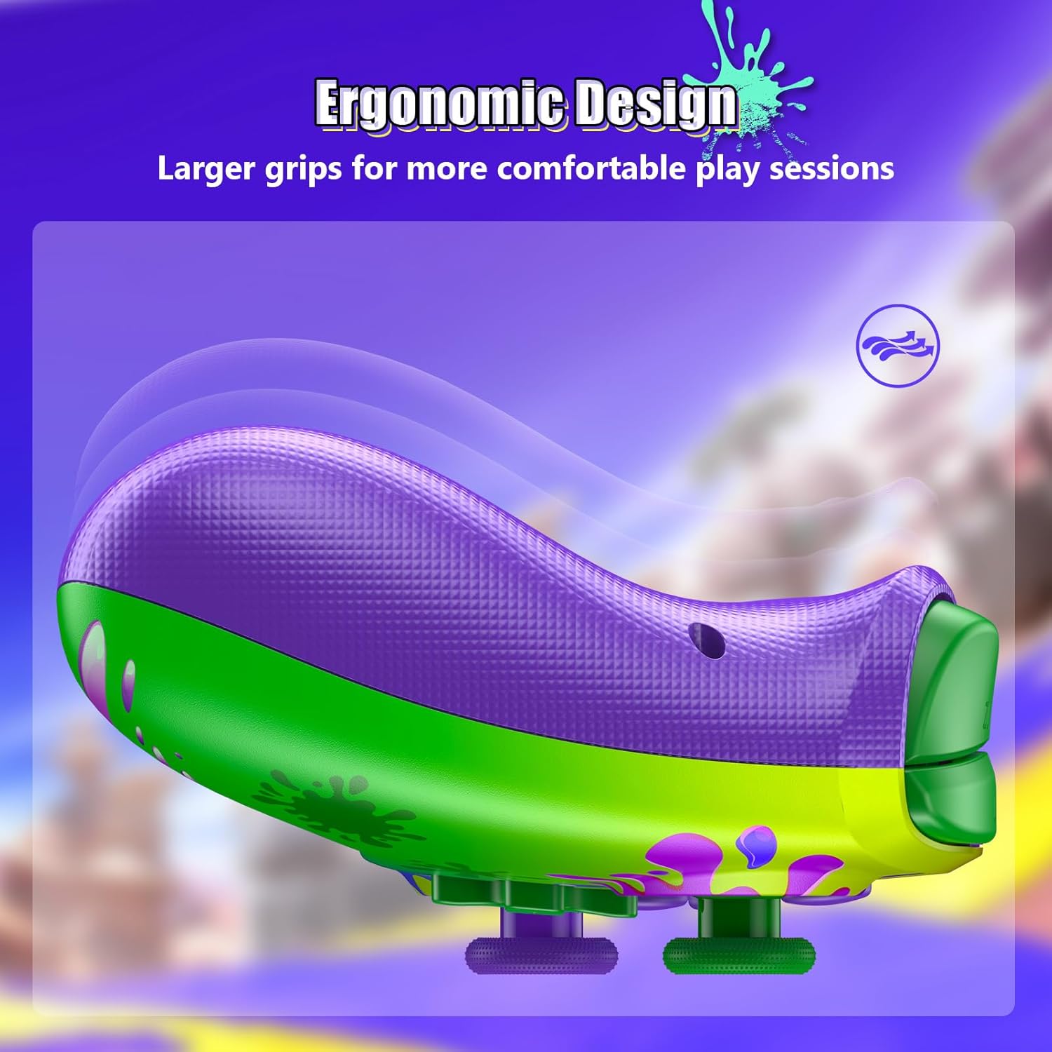 Side profile image of the NexiGo controller, emphasizing its ergonomic design with larger grips for comfortable play sessions.