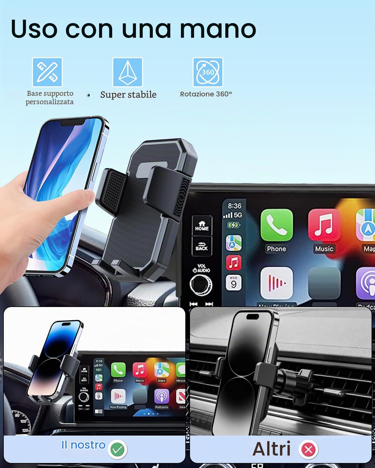 Supporto per telefono da auto per Mazda CX-3 2016 2017 2018-2020 2021/Mazda 3 2014 2015 2016 Accessori Schermo da 7 pollici Blocco automatico Rotazione a 360 ° Supporto per telefono Blocco automatico