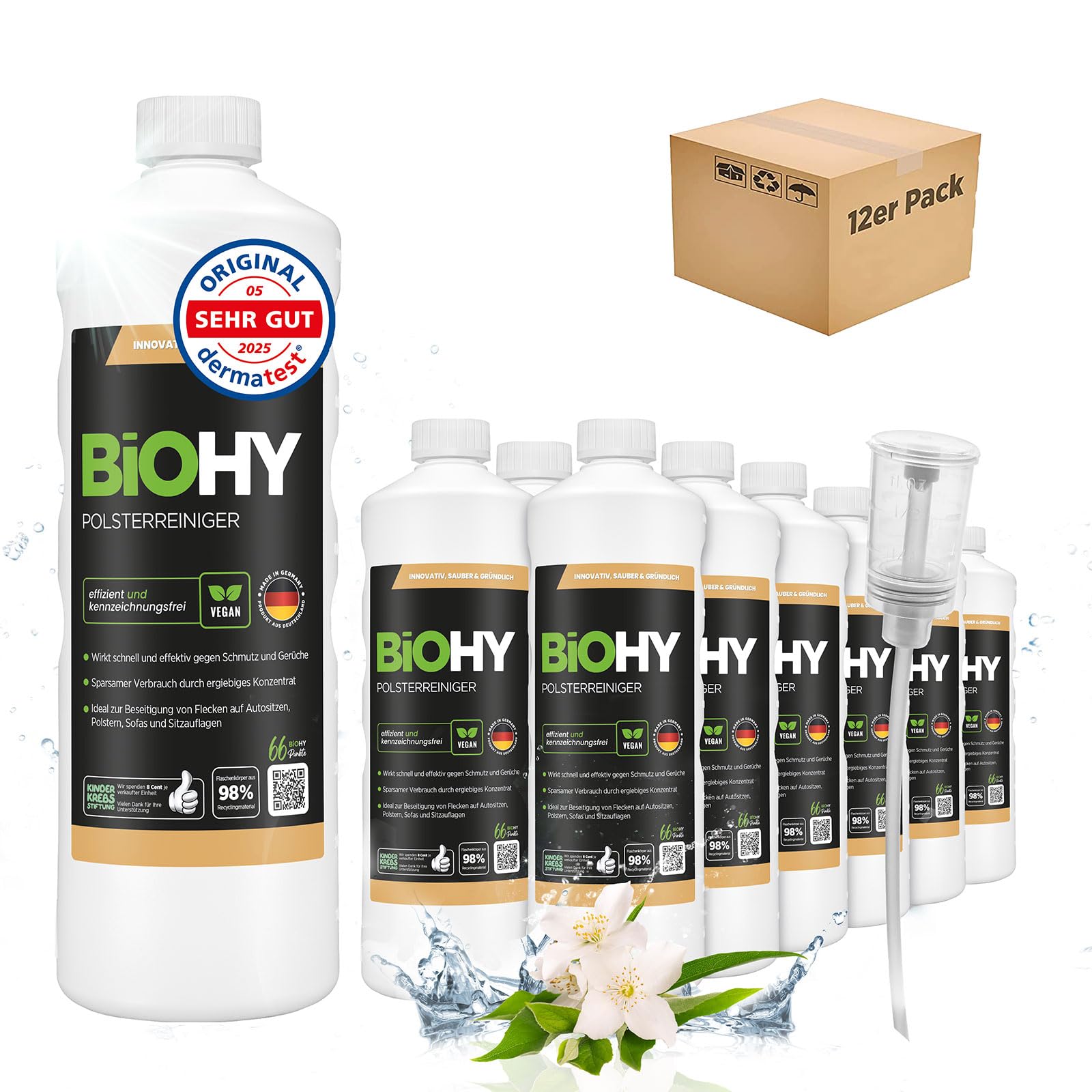 BiOHY środek do czyszczenia tapicerki (12 x butelka 1l) + dozownik | Idealny do sof, tapicerki, dywanów i tekstyliów | Nadaje się również do odkurzaczy | Usuwa wszelkie plamy (Polsterreiniger)