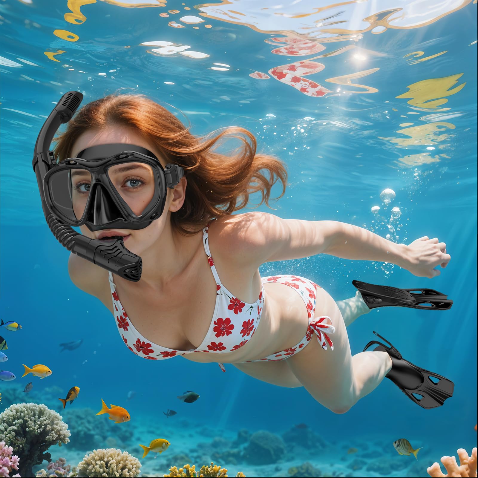 Mask Fin Snorkel Set, Travel Size Snorkeling Gear for Adults with Panoramic View Anti-Fog Mask, Fins, Dry Top Snorkel for Swimming Training, Snorkeling Kit Diving Packages (Black, L/XL)