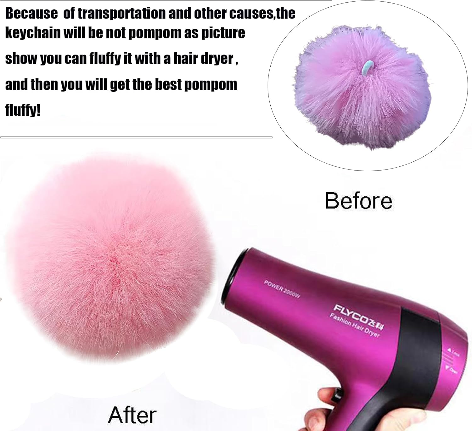 Ouliget Fluffy Faux Fur Pom Pom Ball,DIY Crafts Faux Fur Pompom Balls Small,Removable Knitting Scarves Gloves Bags Keychains Fabric Ball,2.3Inches 20 Pieces,Pink - Image 7