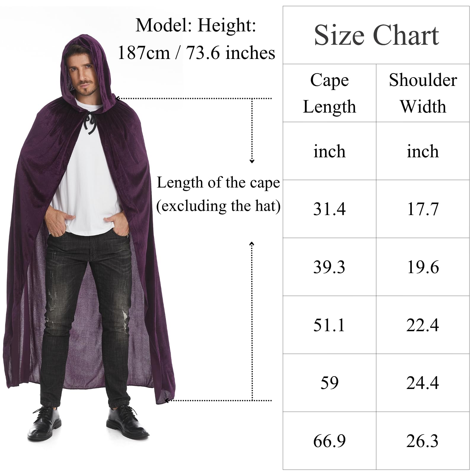 RRCBMD Adults Velvet Hooded Cape for Men Women Medieval Renaissance Unisex Cloak with Hood Purple Halloween Cosplay Costume 66.9inch - Image 3