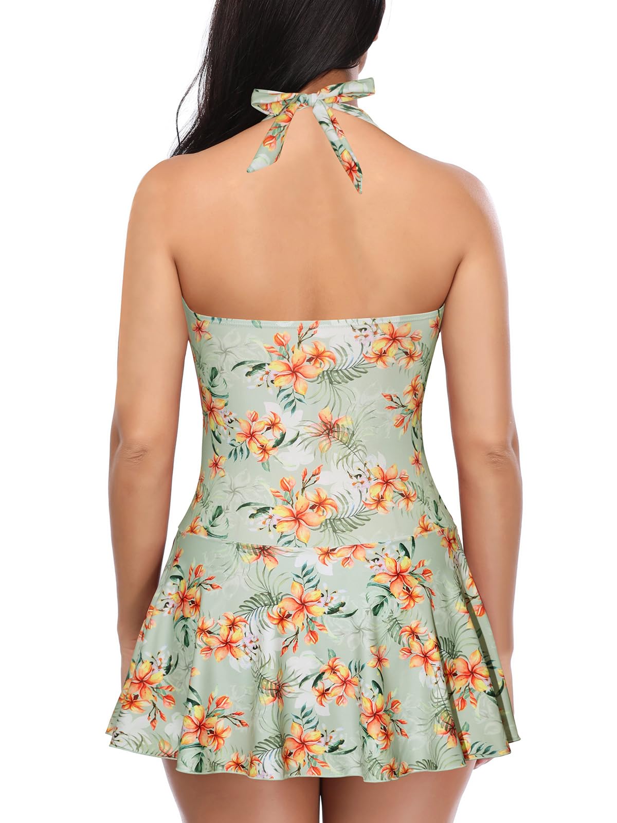 SHEKINI Costume da bagno da donna con controllo della pancia, costume da bagno intero, imbottito, scollo a V, sexy, schiena scoperta, con gonna | Costume da bagno con scollo a V all'americana e increspato, coppe imbottite non rimovibili, costume da bagno