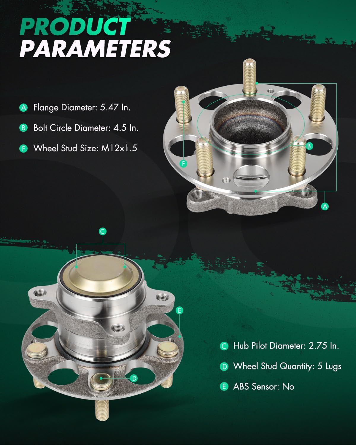 SCITOO 1pc Rear Wheel Bearing Hub Assembly 512503 fit for Acura ILX 2013-2018, for Honda Civic 2013-2015, W/ABS 5 Lugs