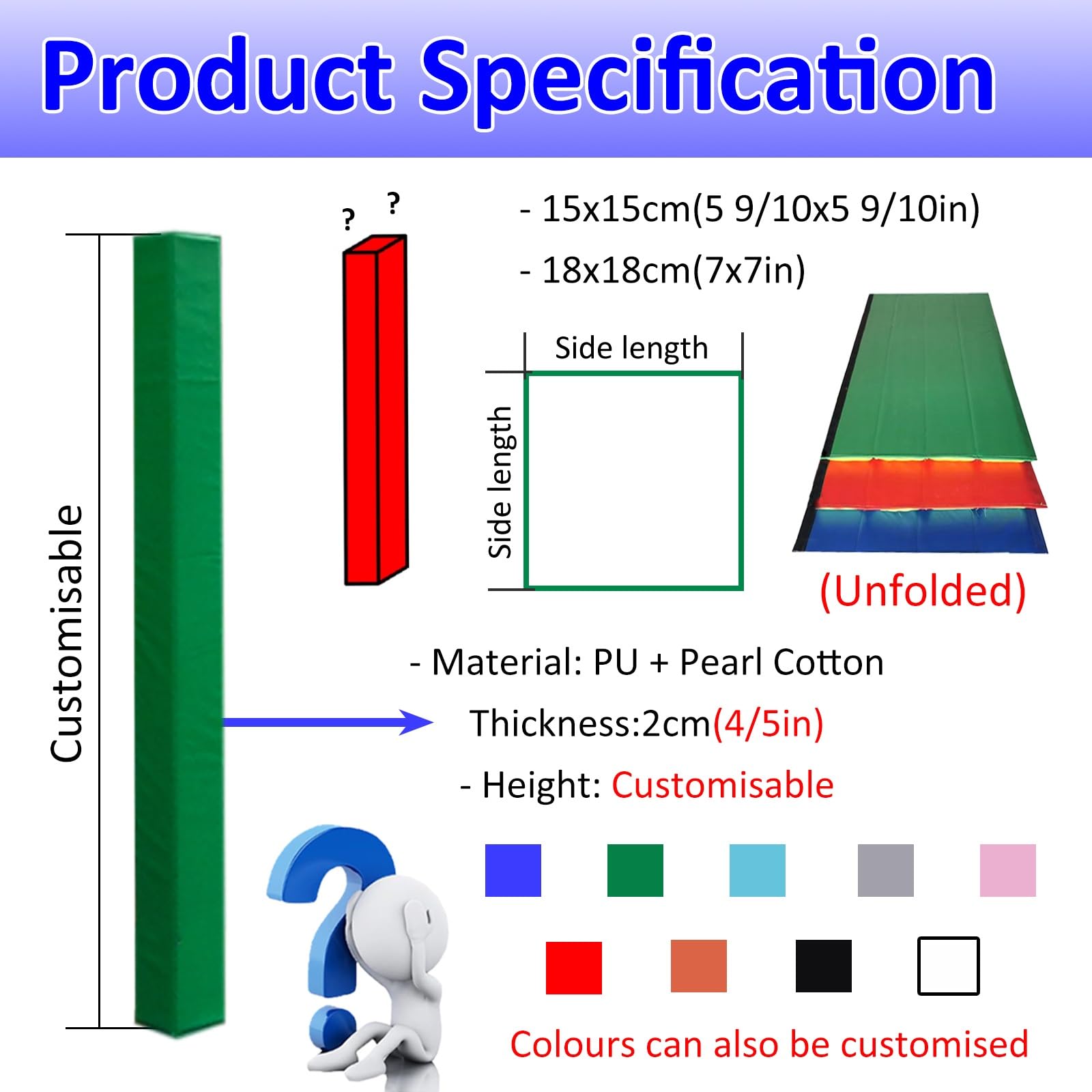 SRNSAEB Square Basketball Pole Pad Fits 6x6/ 7x7 Poles, Pole Wraps for Basement Column/Shade Sructure Pipe/Playground Rod, PU Green Blue Black Basketball Hoop Protector Padding(Red,18x18cm(7x7in))