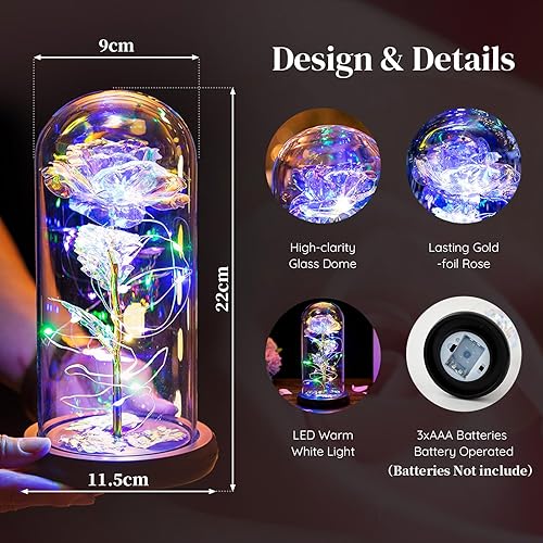Miniatura 10 de Rosa galaxia, regalos para mamá, luces LED de cristal eterno, rosa de la bella y la bestia, rosa en cúpula de cristal, regalo para aniversario, San