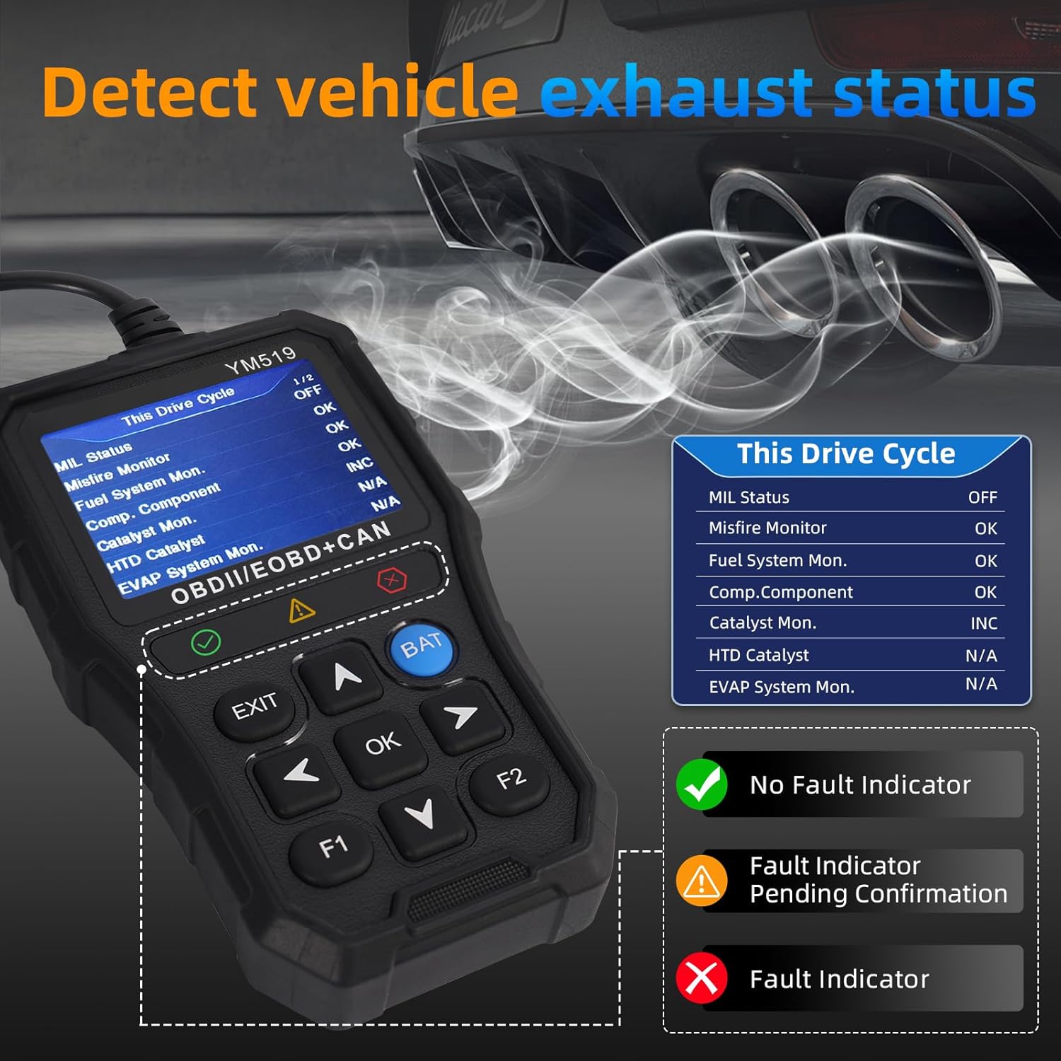 FX519 OBD2 Scanner Code Reader, 2-in-1 Diagnostic Tool & 12V Battery Tester, Check Engine Light Reset, Emissions Readiness, Real-Time Data, Plug & Play for 1996+ OBDII Cars